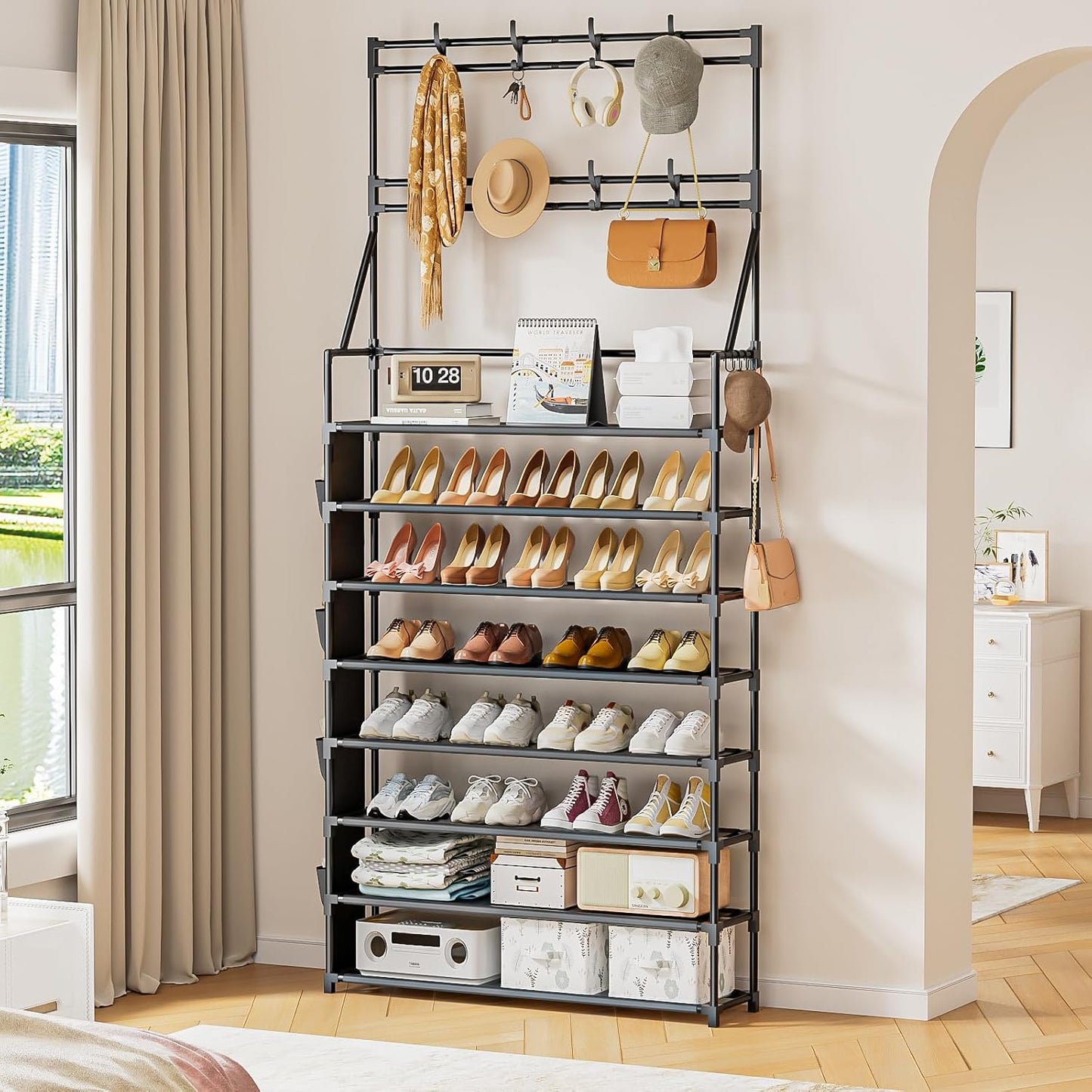 OYREL Shoe Rack, 5 Tier Shoes Storage Organizer, with Functional Hooks and Side Pocket, 20-25 Pairs, for Closet/Entrance/Entryway, Sneaker and Boot Stackable Free Standing Shoe Rack