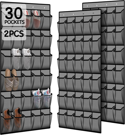 Kotkn Over the Door Shoe Organizer with 30 Breathable Mesh Pockets - Large Capacity Closet Storage for Men & Women, Hanging Shoe Rack Organizer (Gray)