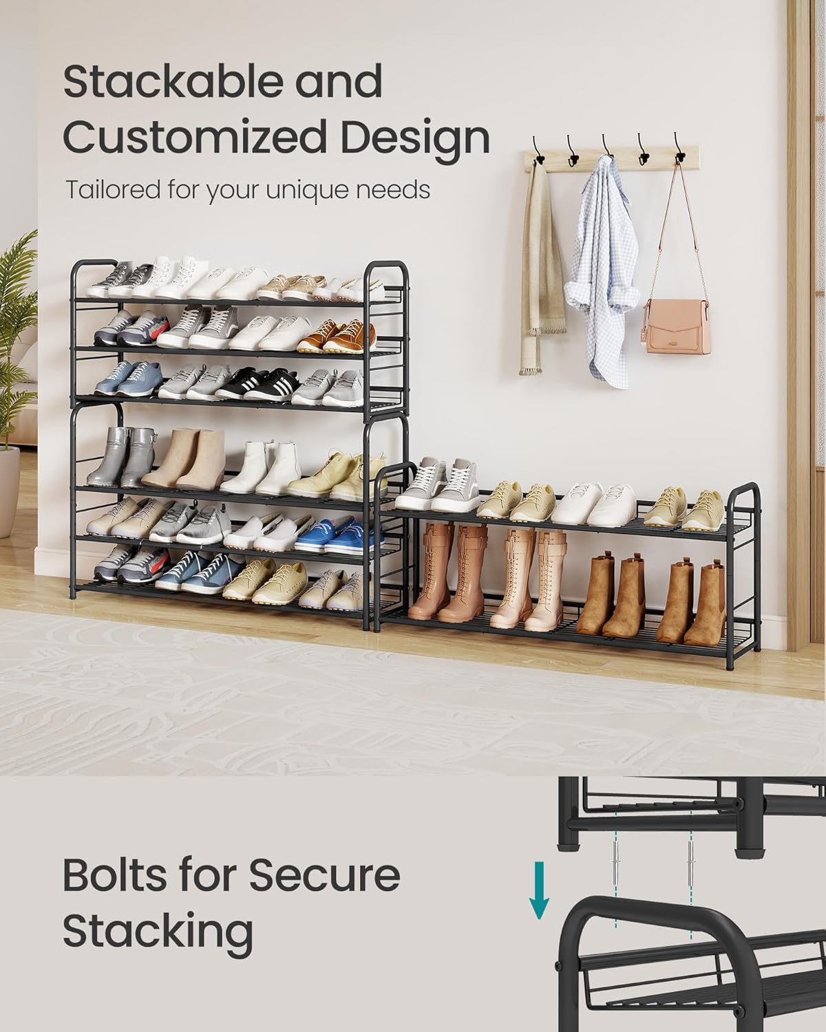 SONGMICS Stackable Shoe Rack, 4 Tier Metal Shoes Rack Storage Shelf, Holds up to 16 Pairs Shoes, Adjustable Slanted Shelves Shoe Tower Organizer for Closet Entryway Small Spaces, Black