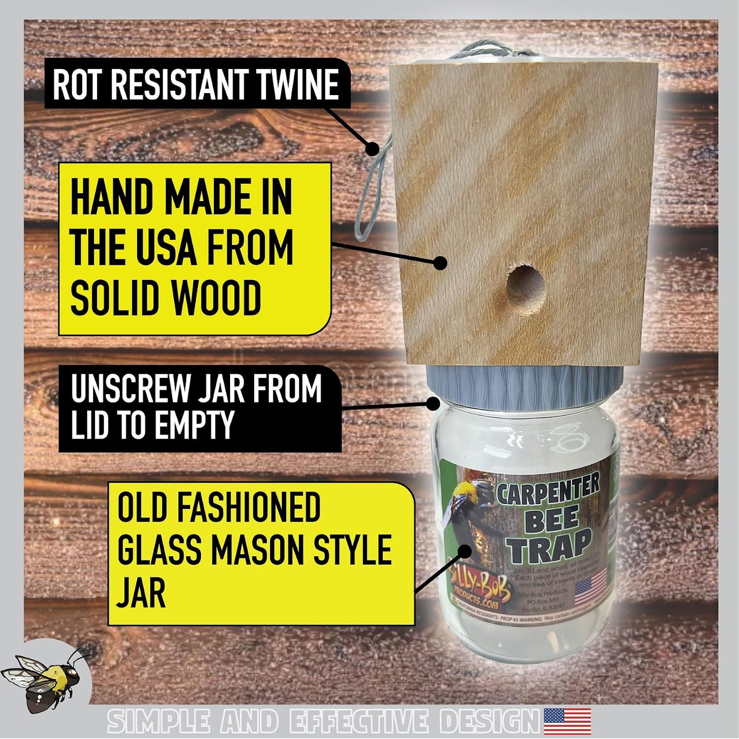 Billy Bob Carpenter Bee Trap - Made in the USA - Solid Wood Top - Outdoor Insect Trap for Carpenter Bees - Old Fashioned Mason Jar Design