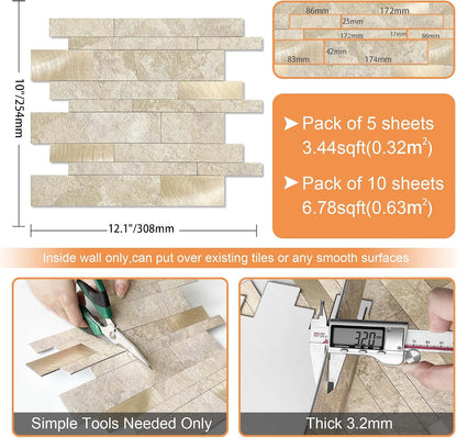 VAOVI Backsplash Tile Peel and Stick Kitchen Stone Subway Linear Mosaic Bathroom Shower Wall Waterproof(10pcs,Gray)