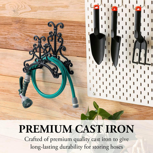 MyGift Brown Heavy Duty Cast Iron Outdoor Garden Hose Hanger Wall Mounted Water Hose Holder Reel with Vintage Scrollwork Design (Ship Anchor)
