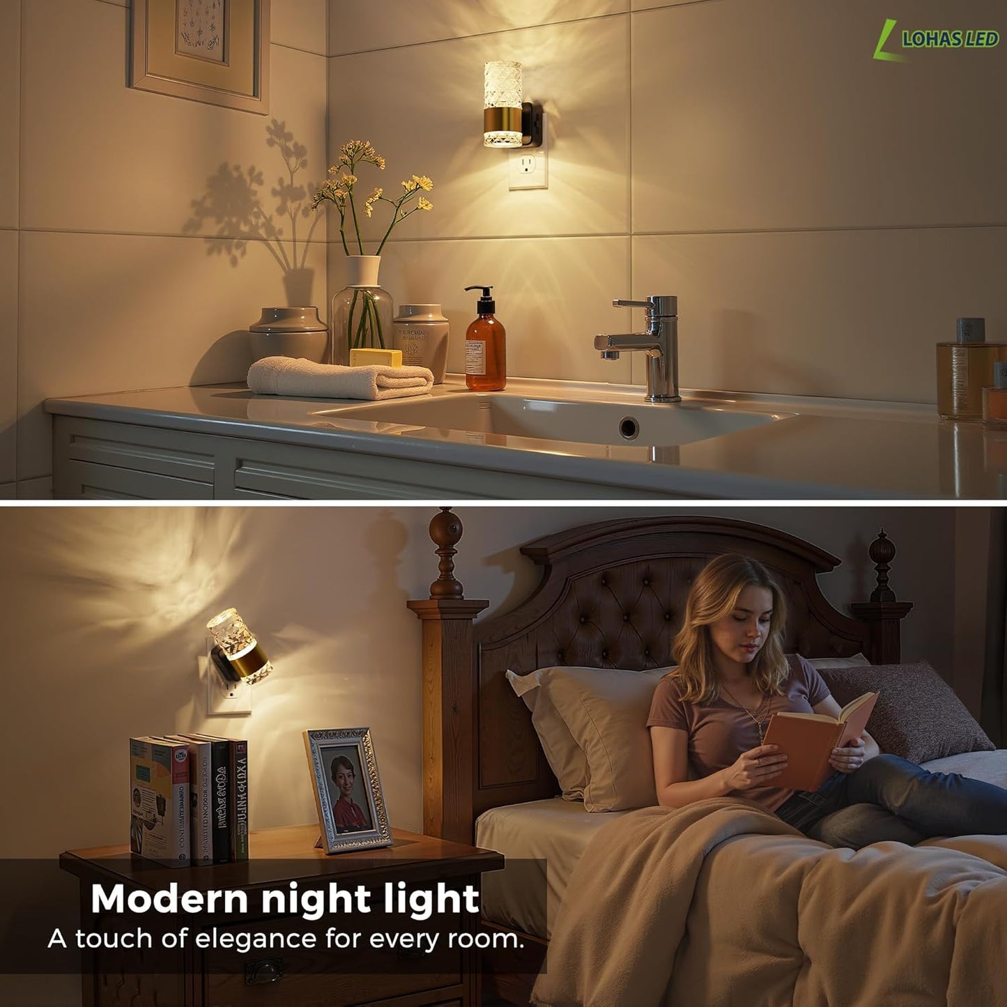 L LOHAS LED Night Light,Dimmable Night Lights Plug into Wall, 2 Pack Acrylic Nightlight with 0-100 LM Adjustable Brightness, 3000K Plug in Night Light with Dusk to Dawn Sensor, for Bathroom Hallway
