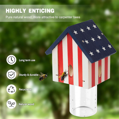 Carpenter Bee Trap for Outside - Best Bee Trap - Flag Cabin Style Nature Hanging Wood Carpenter Bee Traps Outdoor - Insect Traps with Removable Vault