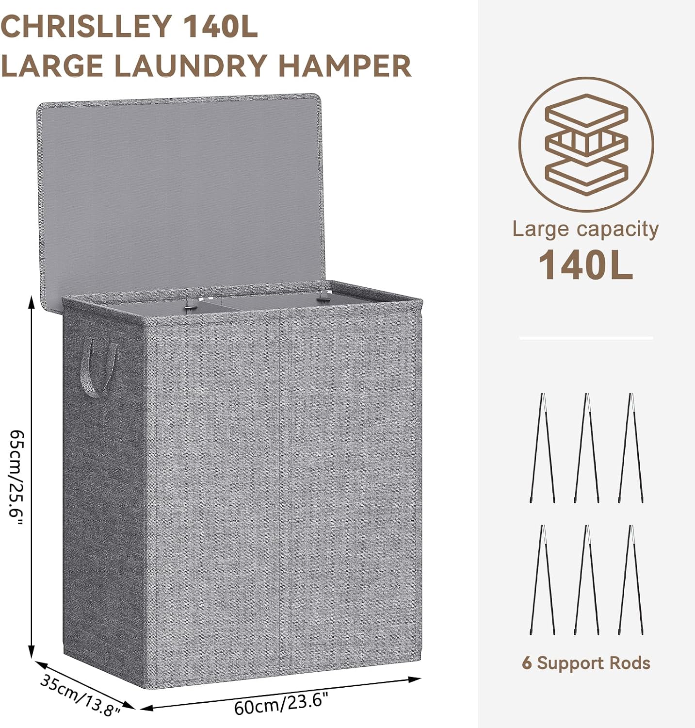 Chrislley 140L Laundry Hamper 2 Section, Double Laundry Basket with Lid, Large Dirty Clothes Hamper with Removable Liner Bags, Collapsible Laundry Organizer for Bedroom, Dorm,Beige