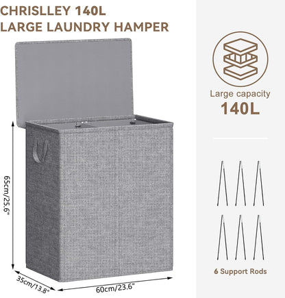 Chrislley 140L Laundry Hamper 2 Section, Double Laundry Basket with Lid, Large Dirty Clothes Hamper with Removable Liner Bags, Collapsible Laundry Organizer for Bedroom, Dorm,Beige