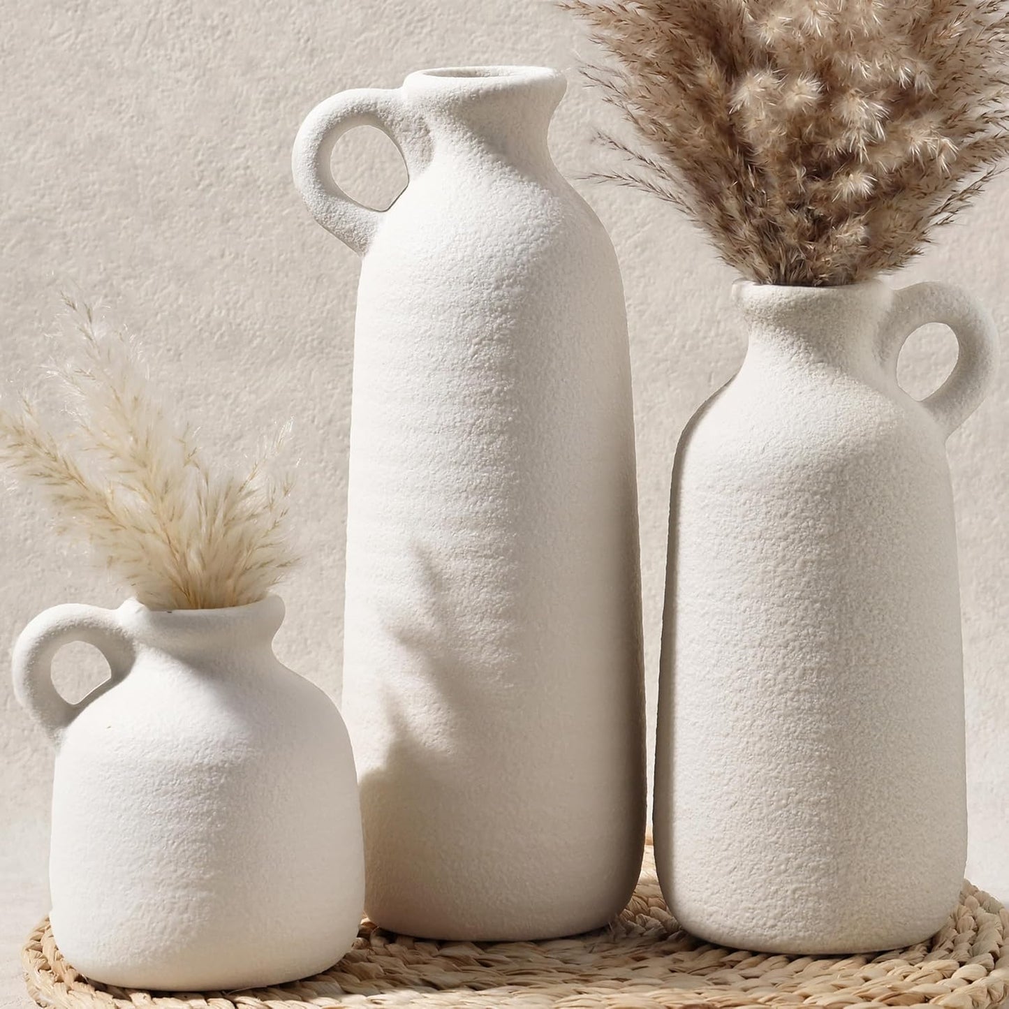 CUCUMI Ceramic Vase Set of 5, Home Decor Farmhouse Décor Handmade Pottery Vases for Pampas Grass, Dried Fresh Flowers, Table, Living Room, Kitchen, Shelf, Entryway Mantel Neutral Tones
