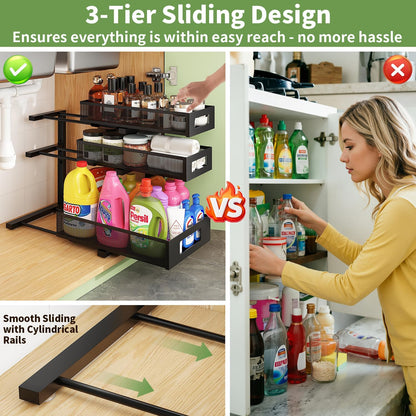 3-Tier Under Sink Organizer,2 Pack Height Adjustable Pull Out Cabinet Organizer Shelf, Thickened Metal Slide out Storage Drawer Rack for Bathroom Laundry Room Kitchen Pantry Organization (White)