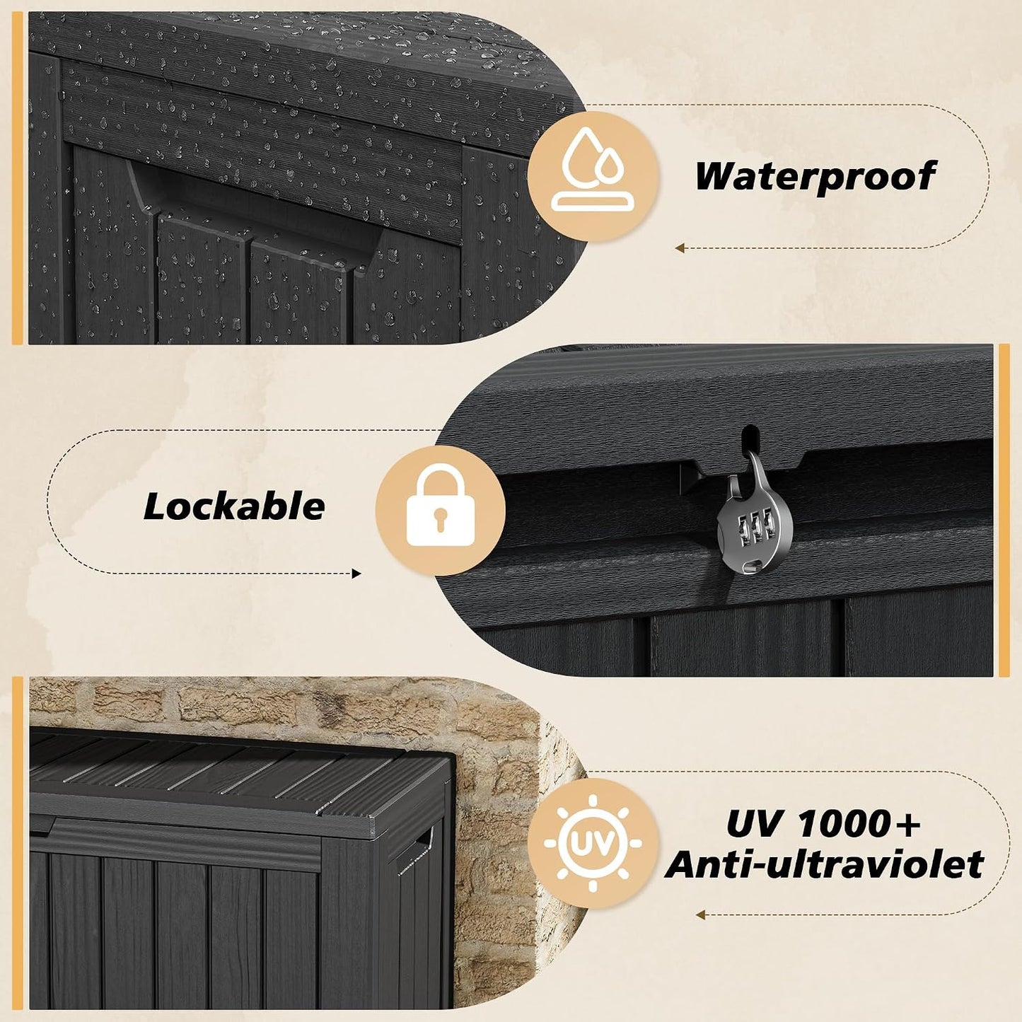 Fancyango 75 Gallon Outdoor Deck Box Waterproof, Large Storage Box for Patio, Resin Storage Bench Lockable for Garden Tools, Package Delivery, Black