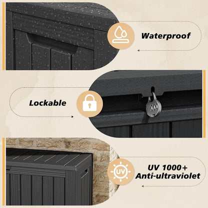 Fancyango 75 Gallon Outdoor Deck Box Waterproof, Large Storage Box for Patio, Resin Storage Bench Lockable for Garden Tools, Package Delivery, Black