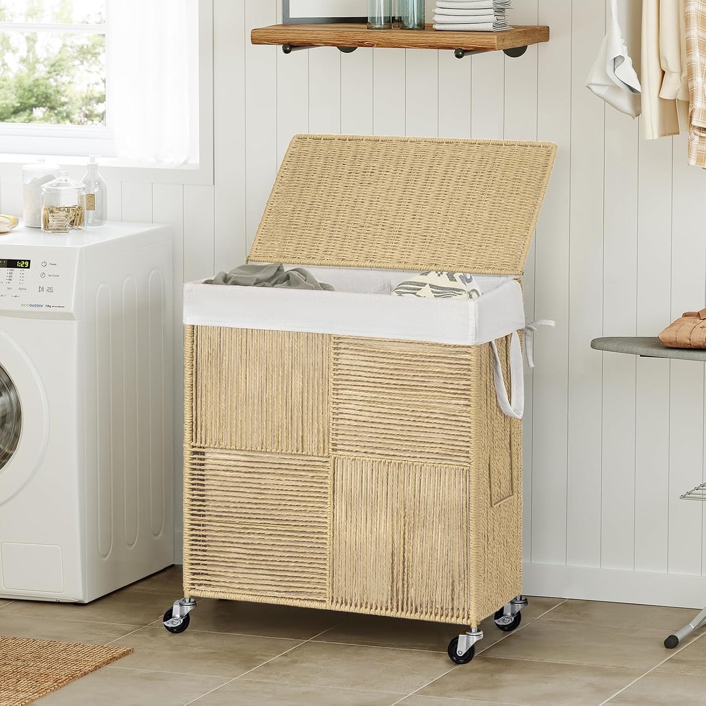 WOWLIVE Double Laundry Hamper with Lid, Handwoven Rolling Laundry Basket with Wheels, 115L Dirty Clothes Hamper with Removable Liner Bag Large Capacity Laundry Sorter Laundry Room Organization,Natural