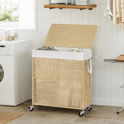 WOWLIVE Double Laundry Hamper with Lid, Handwoven Rolling Laundry Basket with Wheels, 115L Dirty Clothes Hamper with Removable Liner Bag Large Capacity Laundry Sorter Laundry Room Organization,Natural