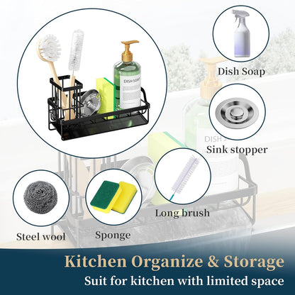 Consumest Sponge Holder for Kitchen Sink - Sink Caddy with Stainless Steel Self Drain Tray, Sink Organizer with High Brush Holder Countertop for Kitchen Sink Accessories, Black