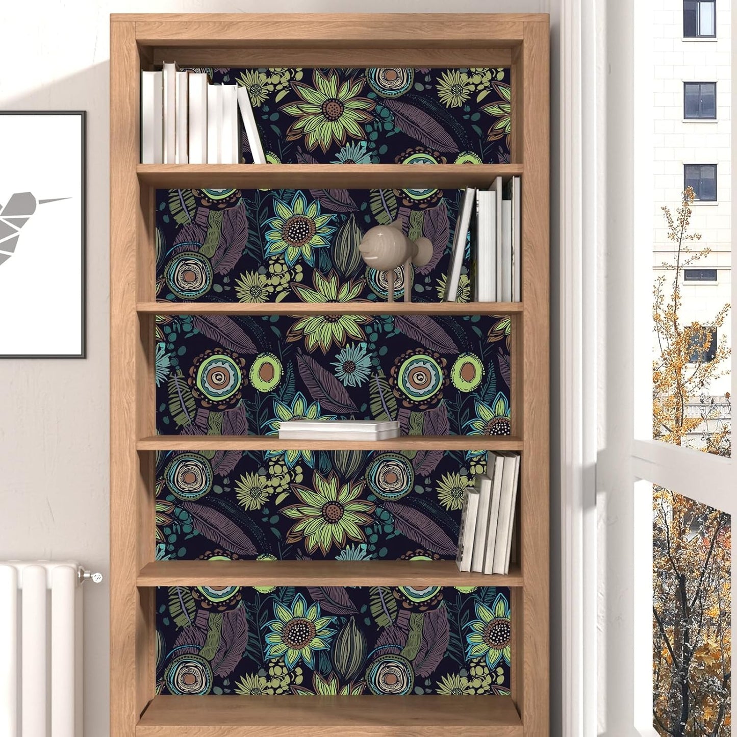 Blue Wallpaper Peel and Stick,Vintage Boho Floral Contact Paper 17.5" x 118", Retro Botanical Flower Wall Paper Self Adhesive Removable Waterproof for Walls Shelves Cabinet Table (Blue,Yellow, Green)