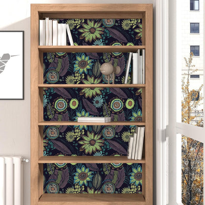 Blue Wallpaper Peel and Stick,Vintage Boho Floral Contact Paper 17.5" x 118", Retro Botanical Flower Wall Paper Self Adhesive Removable Waterproof for Walls Shelves Cabinet Table (Blue,Yellow, Green)