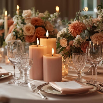 Fluted Ribbed LED Pillar Candles, Cream Beige, with Reflective Melted-Wax Effect – Flickering Flame, Remote, Dimmable, Flameless, Battery Operated, Home & Wedding Decor (Set of 3)