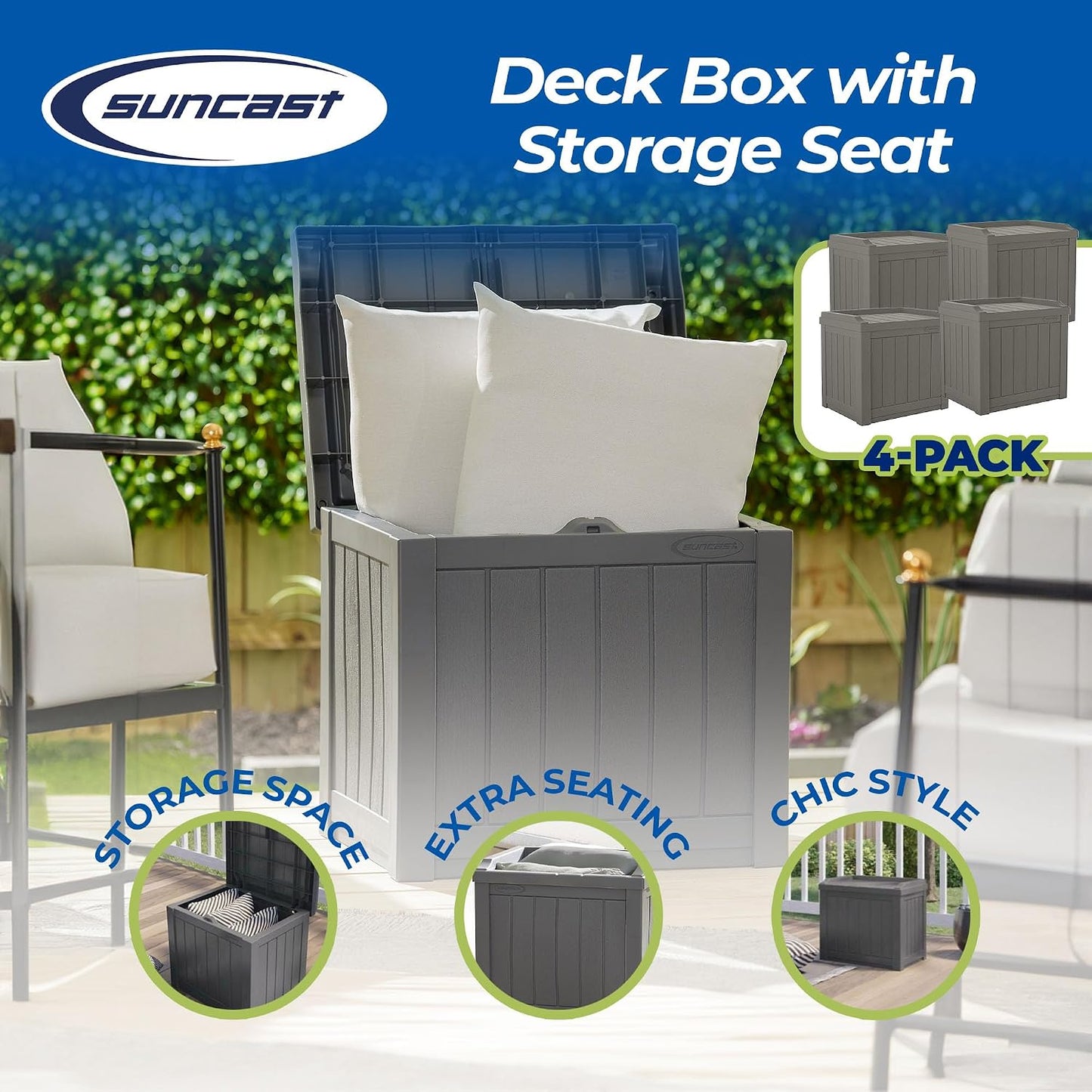 Suncast Outdoor Storage Box - 22 Gallon Stone Gray Resin Outdoor Deck Box with Seat, Weatherproof Patio Storage Bin Container for Keeping Cushions, Tools, & Towels for Pool, Yard, & Garden