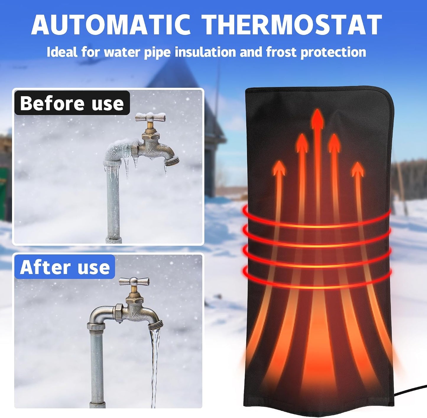 codree Heated Outdoor Faucet Covers for Winter, 25.1" x 11.8" Waterproof Insulated Spigot Cover Freeze Protection, Reusable Garden Pipe Wrap Insulation Faucet Socks for Outside Lawn Yard Water Faucets