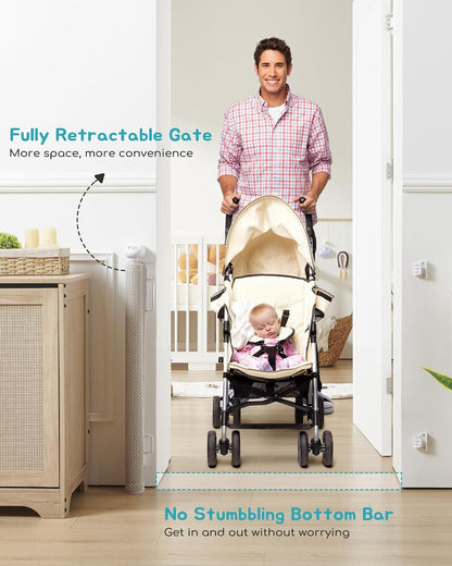 Retractable Baby Gate, Exquisite Rattan Mesh, 33" Tall, Expands to 55" Wide, Dog Gate for Stairs, Doorway, Hallway, Indoor/Outdoor Pet Fence, Walk-Through Design with No Bottom Bar, Beige