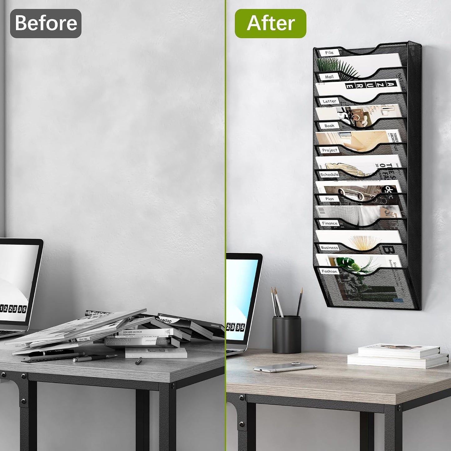 EasyPAG 5 Pocket Mesh Wall File Organizer with Key Hooks, Hanging Paper Folder Holder with Classify Label, Vertical Wall Mount Mail Organizer for Office Home Classroom, Black