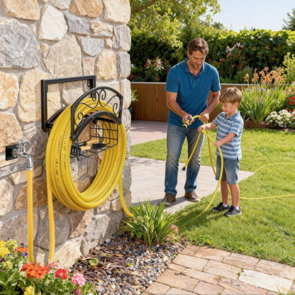 BOLITE Garden Hose Holder Wall Mount, Heavy Duty Metal Water Hose Holder with Basket for Outside, Hose Storage Holds 150FT Water Pipe for Yard, Lawn, Garden, Farm, Gifts for Women Men