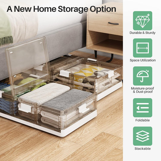 Kitstorack Clear Plastic Under Bed Storage Containers Bins with Lids and 8 Pre-installed Wheels,37.8 Qt, Rolling Foldable Flat Under Bed Organizer Boxes for Clothes Shoes Clothing Bedroom