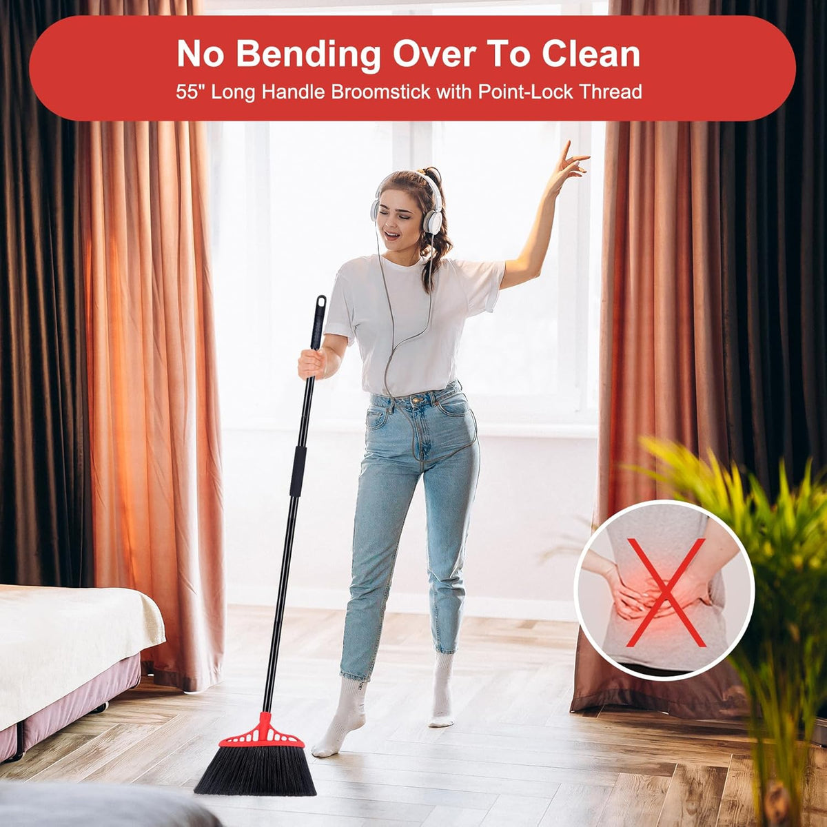 Tiumso Heavy Duty Angle Broom - 55" Adjustable Iron Handle with Stiff Bristles - Commercial-Grade Indoor/Outdoor Broom for Garage, Patio, Kitchen, Sidewalk & Concrete Cleaning (Black & Red)