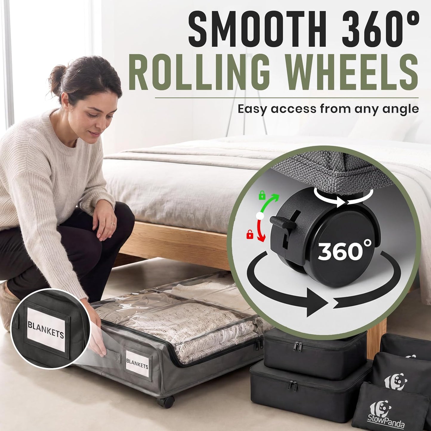 60L Under Bed Storage with Wheels | 2-Pack Rolling Underbed Storage Containers Clear Lids | Includes 6 Travel Bags - Heavy Duty Organizer for Clothes, Shoes, Comforters & Toys-Light Gray