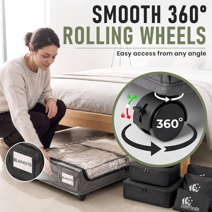 60L Under Bed Storage with Wheels | 2-Pack Rolling Underbed Storage Containers Clear Lids | Includes 6 Travel Bags - Heavy Duty Organizer for Clothes, Shoes, Comforters & Toys-Light Gray