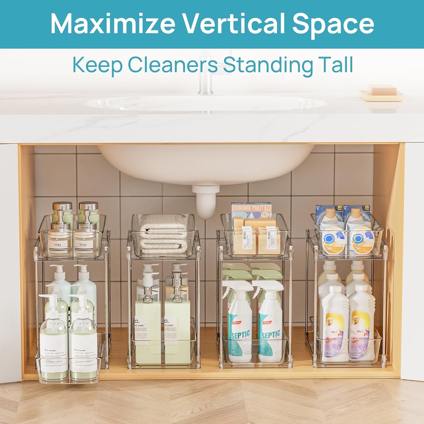 Vtopmart 2 Tier Bathroom Storage Organizer, 2 Pack Clear Under Sink Organizers Vanity Counter Container, Cabinet Drawers Bins, Pull-Out Organization with Track for Pantry, Kitchen