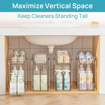 Vtopmart 2 Tier Bathroom Storage Organizer, 2 Pack Clear Under Sink Organizers Vanity Counter Container, Cabinet Drawers Bins, Pull-Out Organization with Track for Pantry, Kitchen