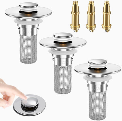 2PCS Bathroom Sink Stopper Strainer, Pop-Up Bathroom Sink Drain Strainer with Removable Stainless Steel Hair Catcher Basket, Universal Fit for US Bathroom Sinks, Bathtubs, Showers & Floor Drains