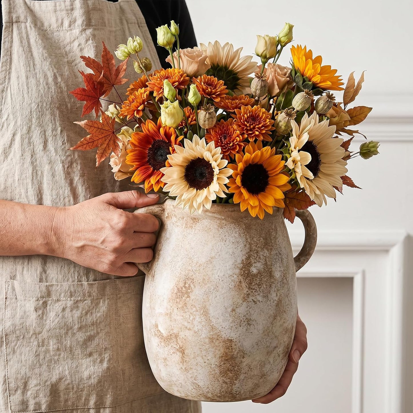 CUCUMI Ceramic Vase Set of 5, Home Decor Farmhouse Décor Handmade Pottery Vases for Pampas Grass, Dried Fresh Flowers, Table, Living Room, Kitchen, Shelf, Entryway Mantel Neutral Tones