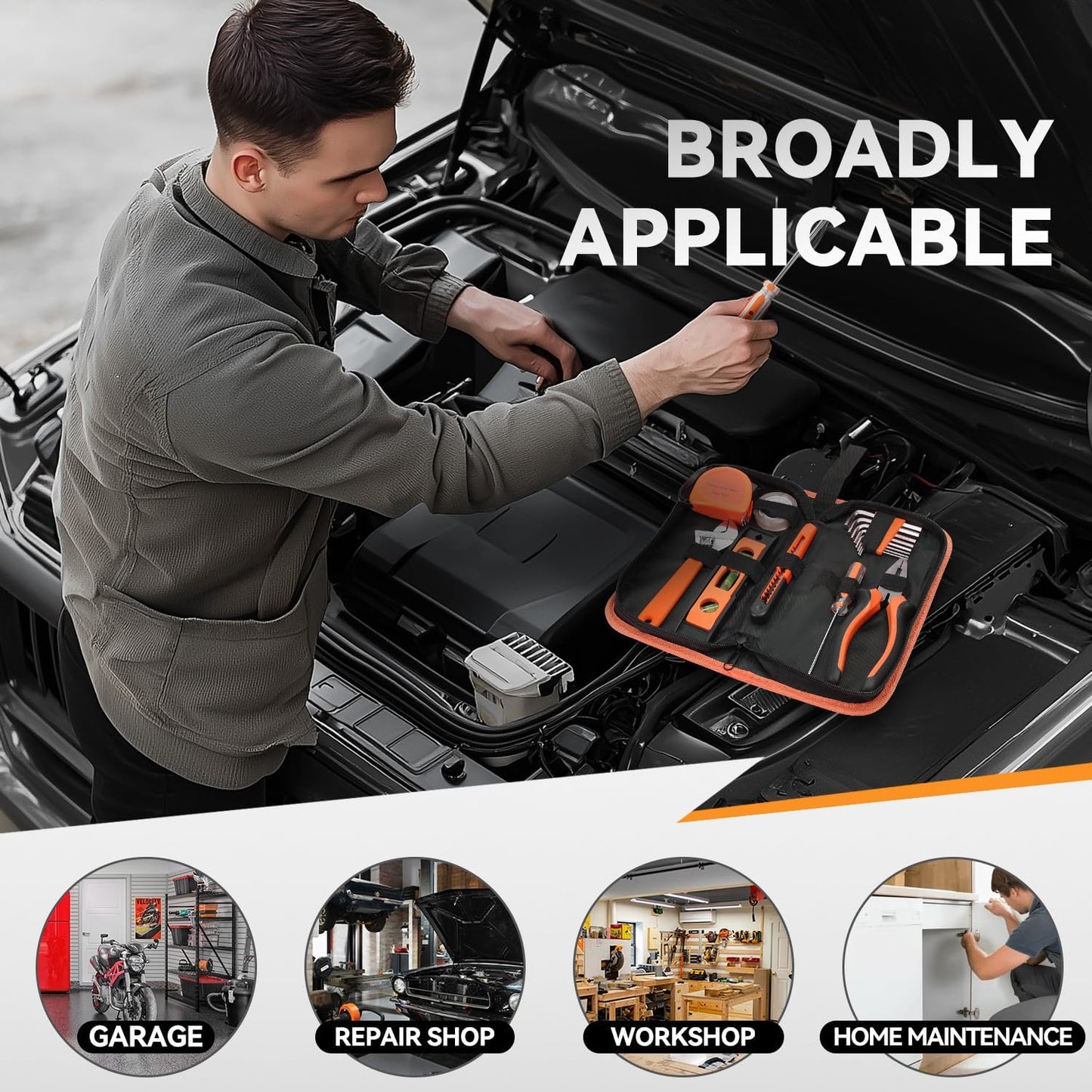 Auto Dynasty Tool Kit for Home 16-Pieces, Basic Household Hand Tool Sets with Hex Key Screwdriver and Adjustable Wrench, All in One Storage Bag for Garage, Home Maintenance, Auto Repair (Orange)