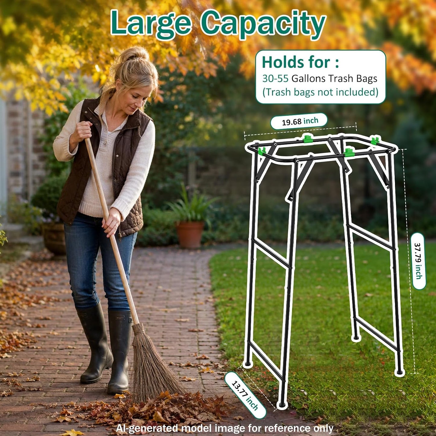 Foldable Trash Bag Holder Stand, Garden Garbage Bag Holder Frame Holds 30-55 Gallon Bags, Portable Leaf Bag Stand for Outdoor Yard Camping Garden Lawn Party Supplies