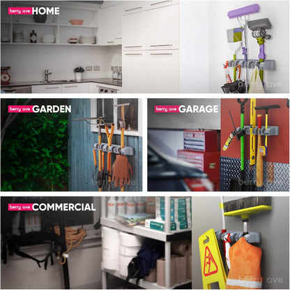 Broom Holder Wall Mount, Mop and Broom Organizer – Wall Mounted Broom Rack & Mop Rack, Rack for Brooms and Mops | Broom Hanger Wall Mount with 5 Slots & 6 Hooks, Kitchen Garage Laundry Garden