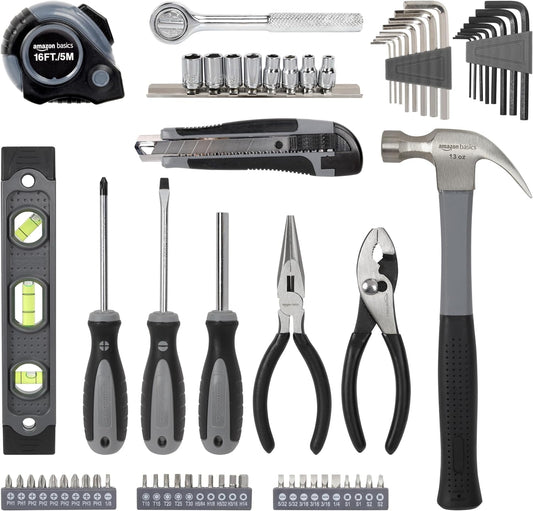 Amazon Basics 65 Piece Home Repair Tool Kit Set With Carrying Bag, Hand Tools, Socket Set, SAE and Metric, Silver, Black