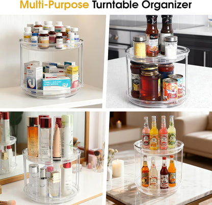 2 Tier Medicine Cabinet Organizer, Rotary Turntable Organizer for Medicine and Vitamin Bottles, Under Sink Organizer for Medicine, Bathroom Cabinet Storage, Easy Assembly, Transparent Clear