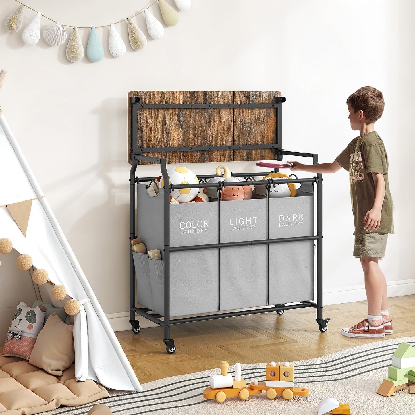 Hoctieon 3 Section Laundry Sorter Cart with Ironing Board, Laundry Hamper with Shelf and Rolling Wheels, Heavy Duty Laundry Basket Organizer, Large Clothes Separator Hamper with Removable Bags, Black