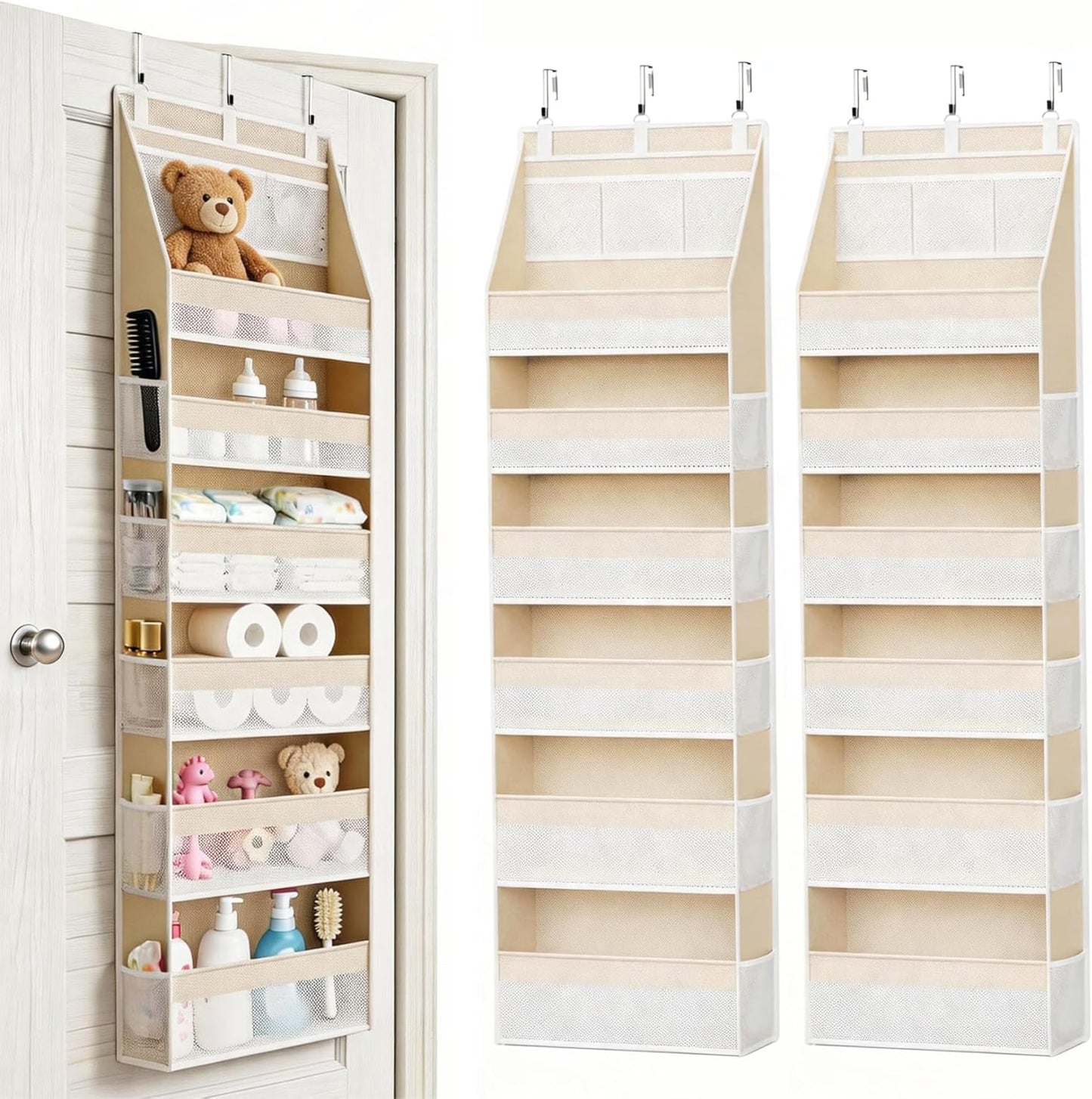 KMSCO Over The Door Organizer, 6 Large Pockets + 13 Mesh Side Pockets, Hanging Storage, 55lbs Capacity, Heavy Duty Non-Woven Fabric for Baby Nursery, Bathroom, Pantry, Closet, Beige, 1 Pack
