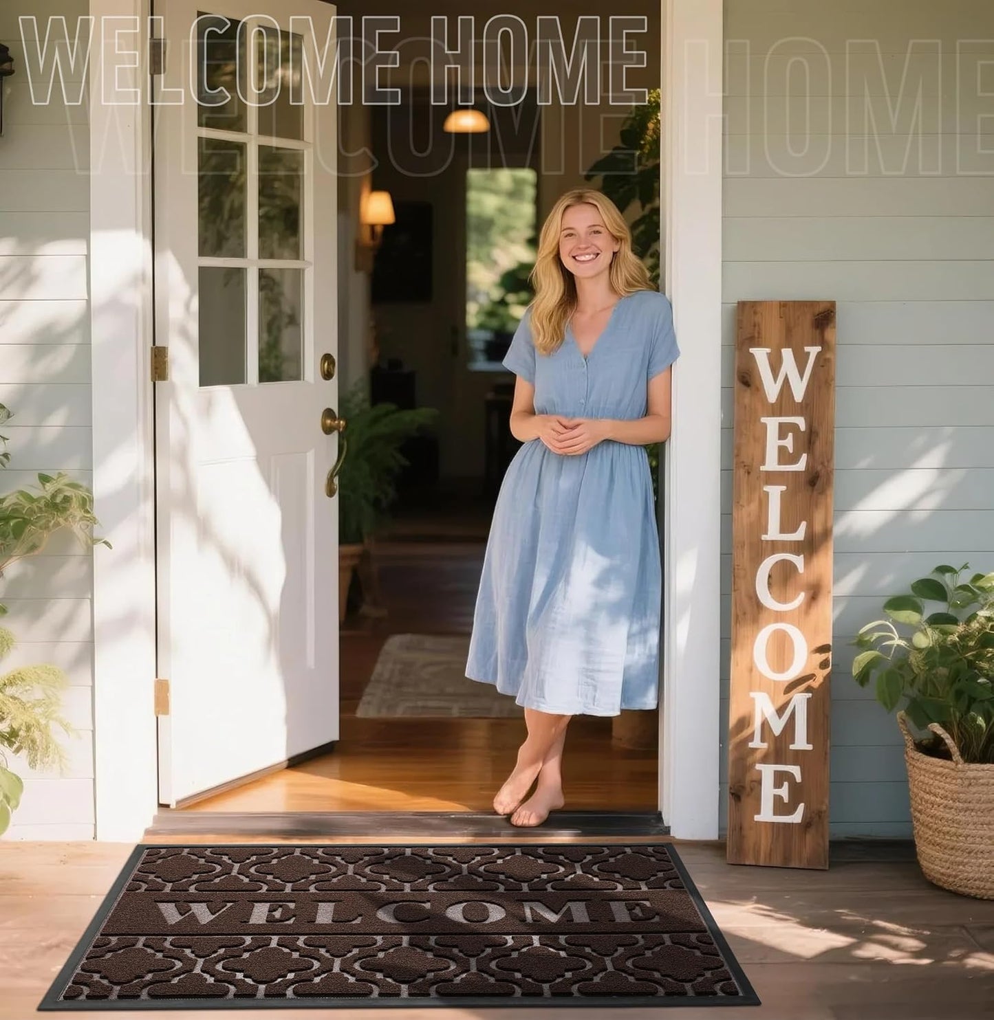 Yimobra Welcome Mat Outdoor Indoor, All-Weather Waterproof Front Door Mat Outside Entrance, Non-Slip Low Profile Porch Patio Doormat, 29.5x17, Black