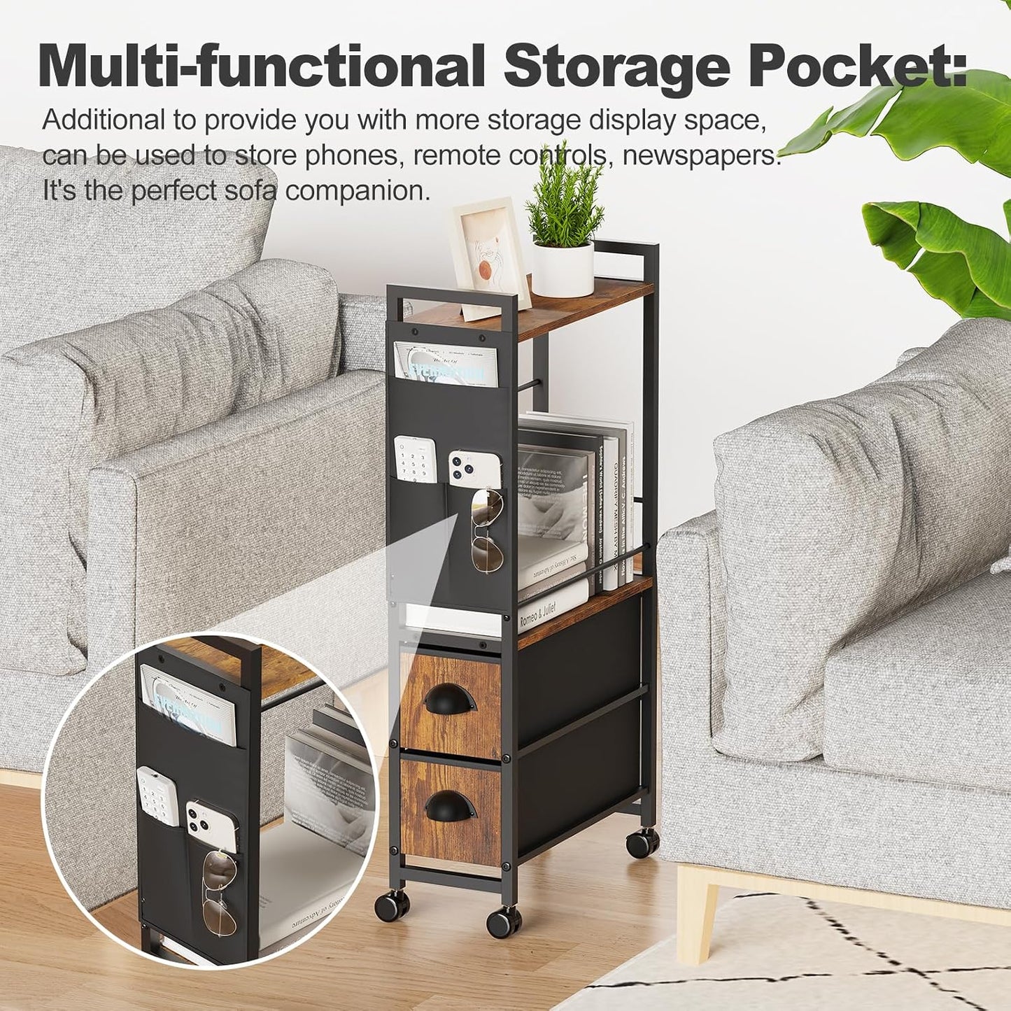 Oppro Small Narrow Side End Table, 2 Drawer Slim Nightstand Bedside Sofa Table with Wheels, Space Saving Rolling Skinny Thin Desk with Storage Bag for Bedroom Living Room Couch Bathroom Dorm