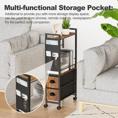 Oppro Small Narrow Side End Table, 2 Drawer Slim Nightstand Bedside Sofa Table with Wheels, Space Saving Rolling Skinny Thin Desk with Storage Bag for Bedroom Living Room Couch Bathroom Dorm