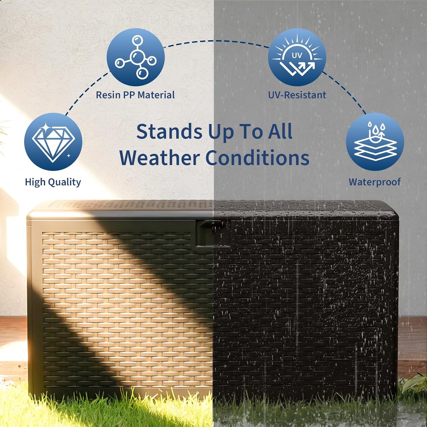 73 Gallon Lockable Outdoor Storage Bench Box, Waterproof & UV Resistant Patio Deck Container for Cushions, Pool Supplies & Yard Toys