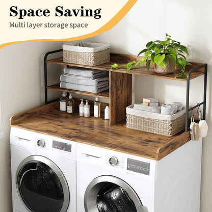 HavenlyYouth Washer and Dryer Countertop with Shelves, 54" x 27.56" 3 Tiers Large Laundry Topper with 2.95" Edge Rails, Laundry Room Storage and Organization with 2 Hooks and Non-Slip Pads