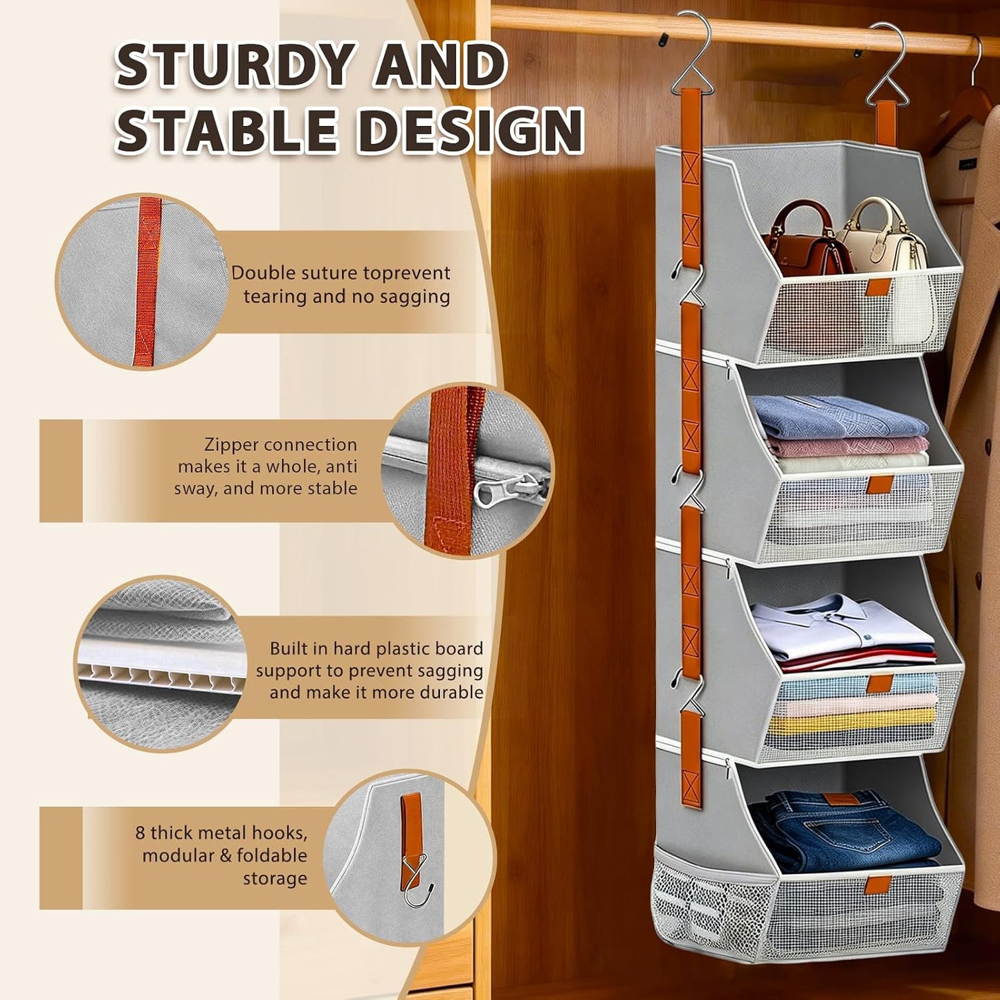 Fabric 4 Tier Hanging Closet Organizers Heavy Duty Shelf Hanging Storage Towel Clothes Sweater Jeans Bag Organizer For Closet For Bedroom,Dorm,RV,See Through Front Panel, Space-Saving (Beige-4Tier)