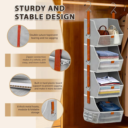 Fabric 4 Tier Hanging Closet Organizers Heavy Duty Shelf Hanging Storage Towel Clothes Sweater Jeans Bag Organizer For Closet For Bedroom,Dorm,RV,See Through Front Panel, Space-Saving (Beige-4Tier)