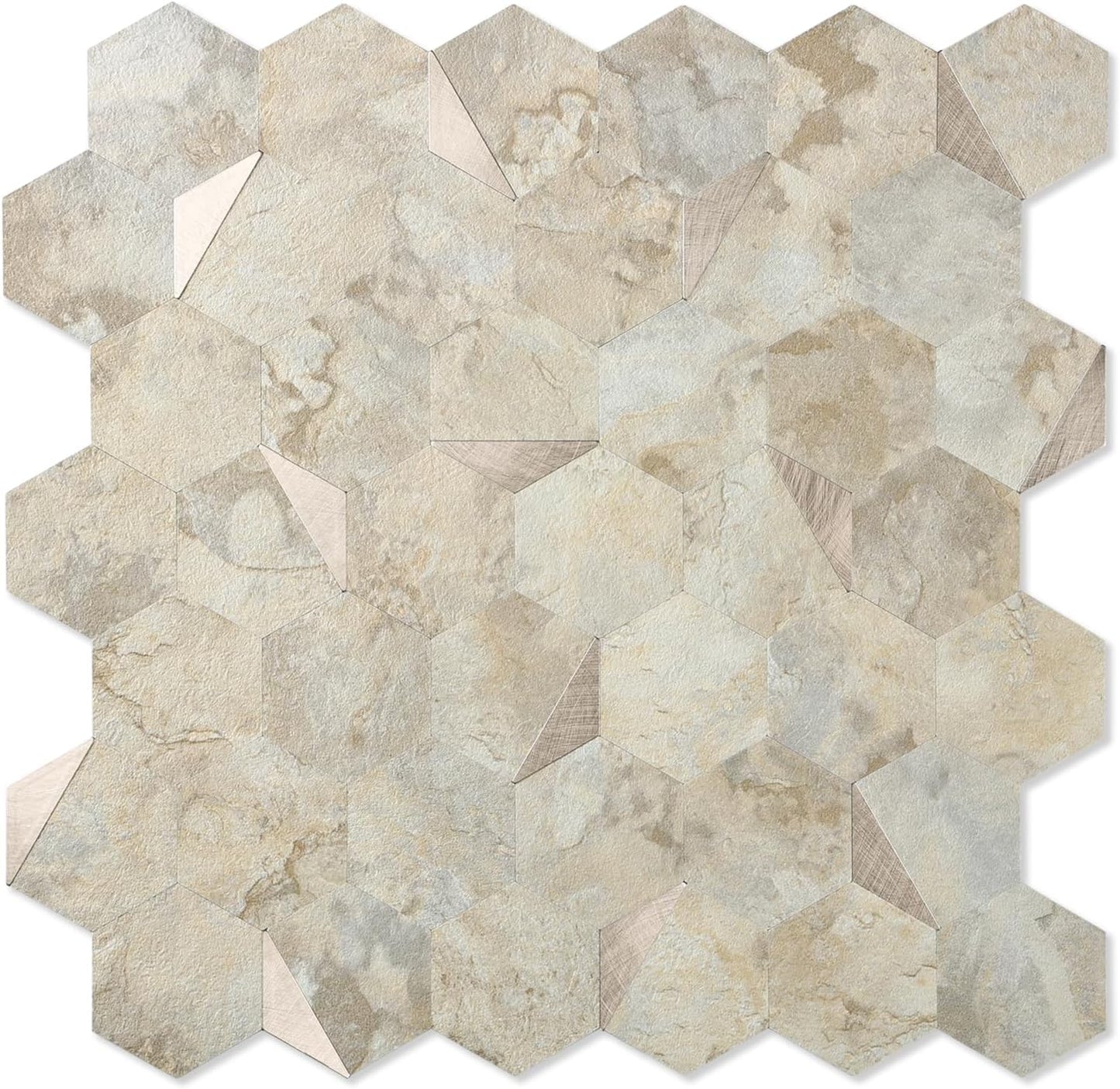 10-Sheet Heavy-Duty Hexagon Peel and Stick Backsplash, Thick Waterproof &Heat Resistant Stick on Wall Tiles, Slate Beige Mosaic for Kitchen & Bathroom, Strong Adhesive Permanent PVC Tiles