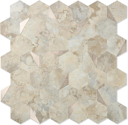 10-Sheet Heavy-Duty Hexagon Peel and Stick Backsplash, Thick Waterproof &Heat Resistant Stick on Wall Tiles, Slate Beige Mosaic for Kitchen & Bathroom, Strong Adhesive Permanent PVC Tiles