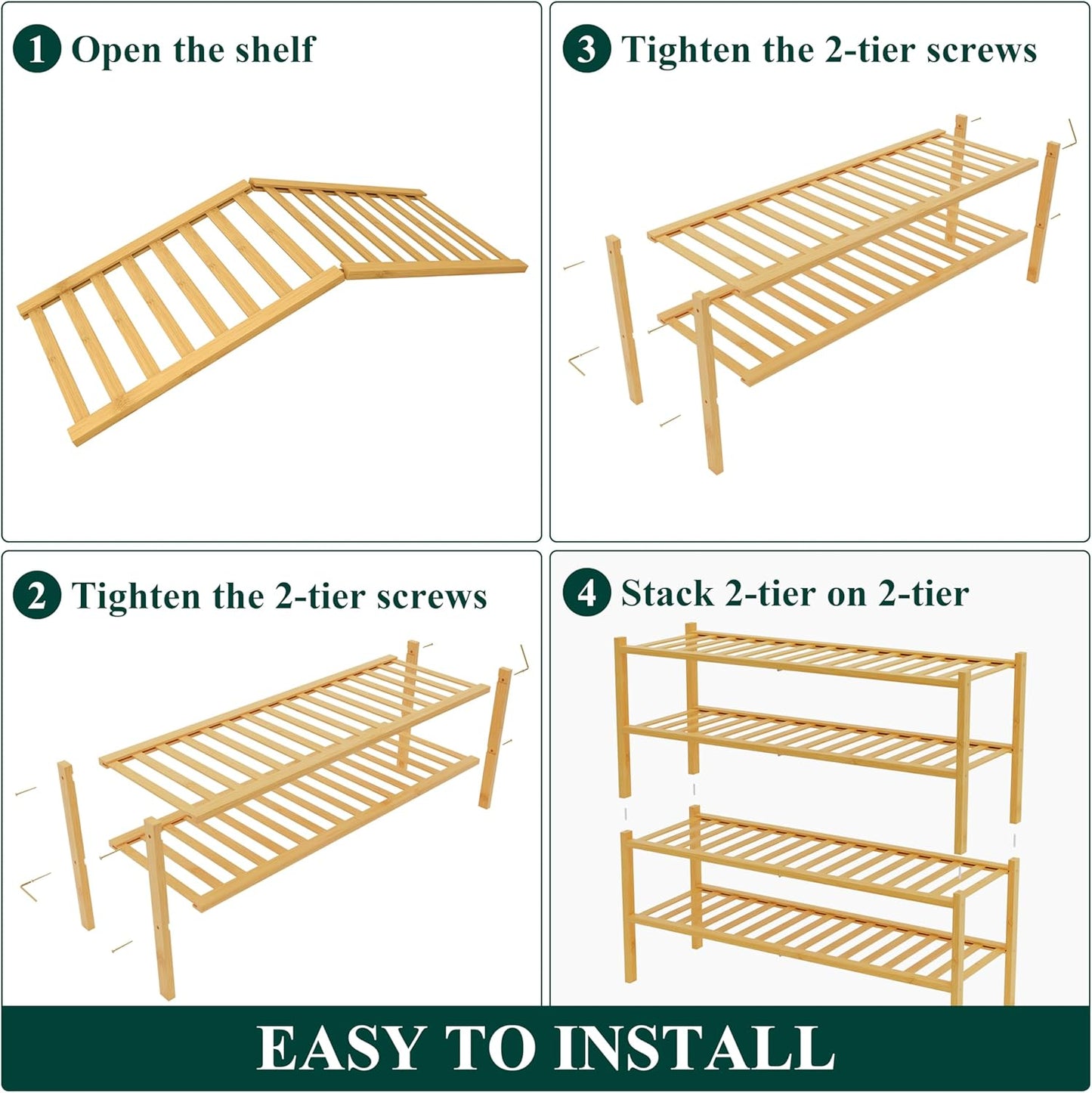 Smiry Bamboo Shoe Rack for Closet, 3 Tier Wooden Shoe Organizer, Stackable Wood Shoe Storage Shelf for Entryway, 14 Vertical Slats, One-piece Heavy-Duty Legs, 26.77"x11.02"x18.31", Natural